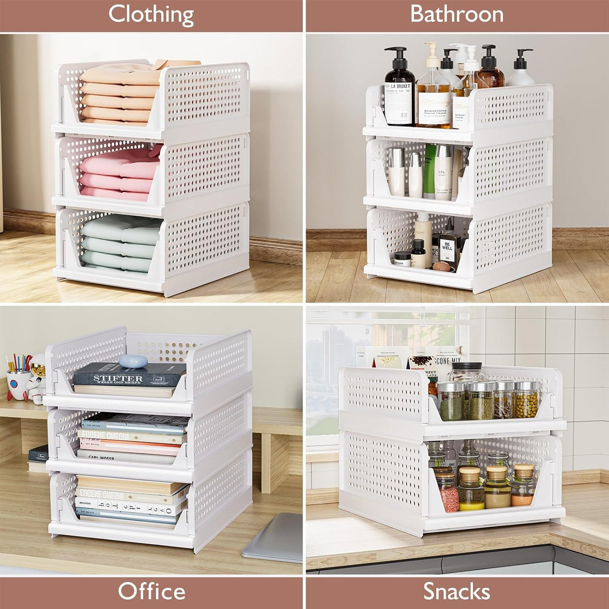 CTSNSLH 5 Pack Closet Organizers Storage Box, Closet Storage Stackable Storage Bins, Plastic Drawer Basket for Wardrobe Cupboard Kitchen Bathroom Office, White