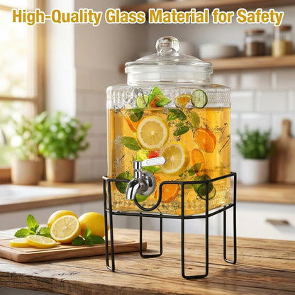 Drink Dispenser, Drink Dispensers for Parties, 1 Gallon Glass Beverage Dispenser with Stand and Glass Lid, 100% Leakproof Spigot, Ideal for Lemonade, Juice, Iced Tea, Laundry Detergent