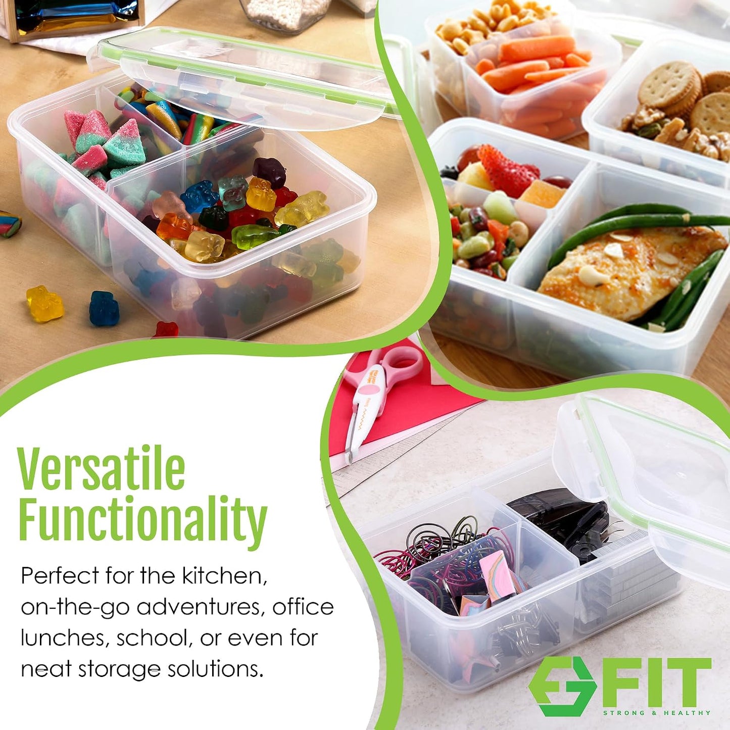 FIT Strong & Healthy 2 & 3 Compartment Glass Meal Prep Containers Glass Bento Box (4 Pack, 32 oz) & Bento Box Meal Prep Containers with Lids, Microwave, Freezer, Dishwasher Safe (3 Pack, 39 oz) Bundle