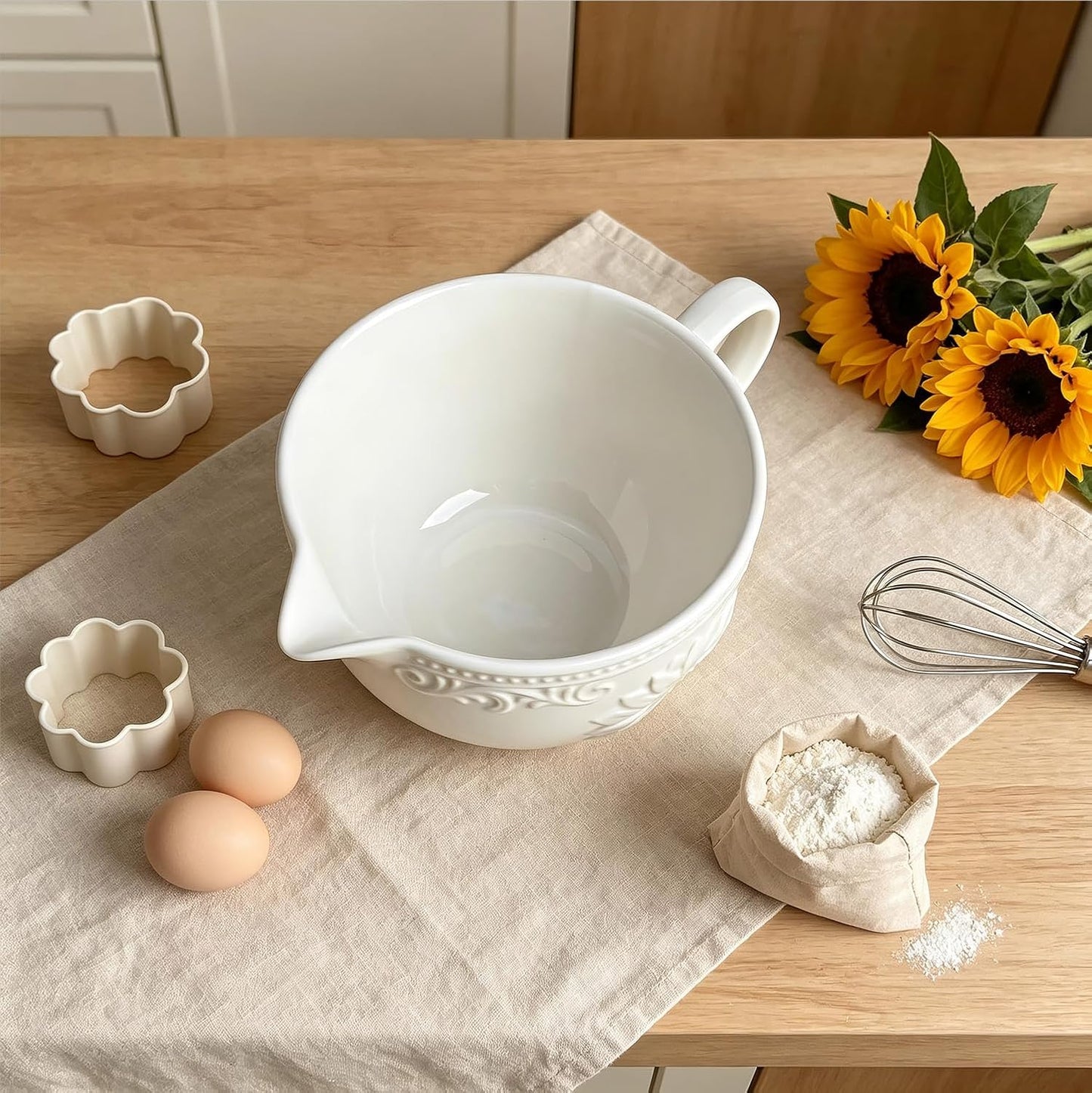 Gaolinci Sunflower Embossed Ceramic Mixing Bowl, 1 Quart Batter Bowl, with Pouring Spout and Handle