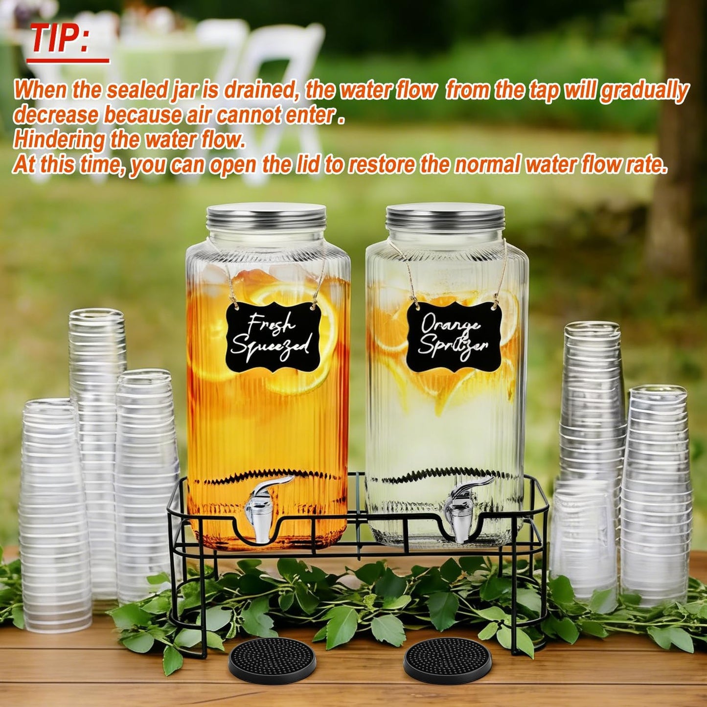 2 Pack 2 Gallon Glass Drink Dispenser Glass Beverage Dispenser with Stand Spigot Drink Coasters and Filter Leakproof Water Jar Clear Iced Drink Jug for Parties Juice Lemonade Picnics Fridge