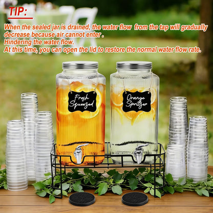 2 Pack 2 Gallon Glass Drink Dispenser Glass Beverage Dispenser with Stand Spigot Drink Coasters and Filter Leakproof Water Jar Clear Iced Drink Jug for Parties Juice Lemonade Picnics Fridge