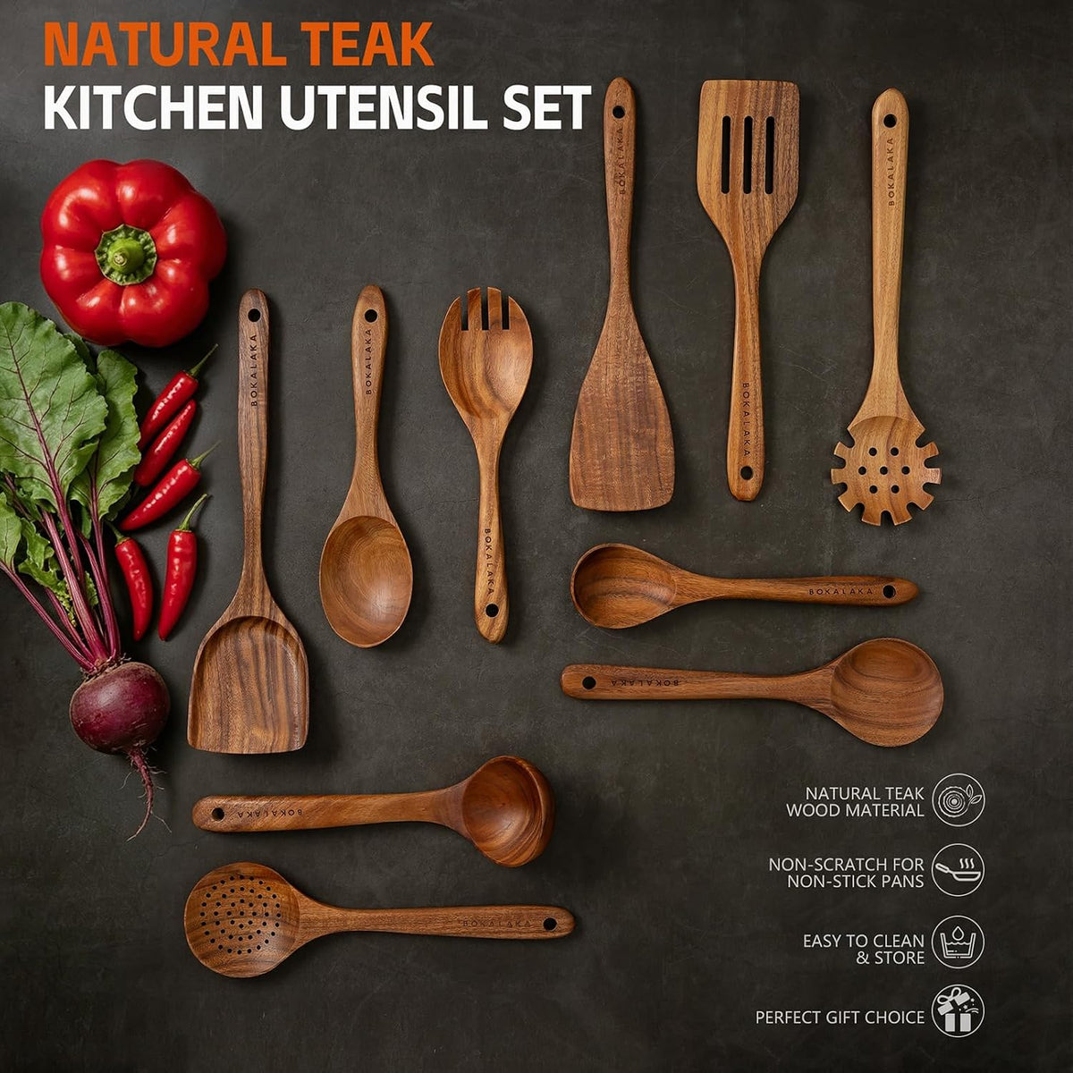 Wooden Spoons for Cooking, Natural Teak Wooden Kitchen Utensils Set Wooden Utensils for Cooking Wooden Cooking Utensils Wooden Spatulas for Cooking (10)