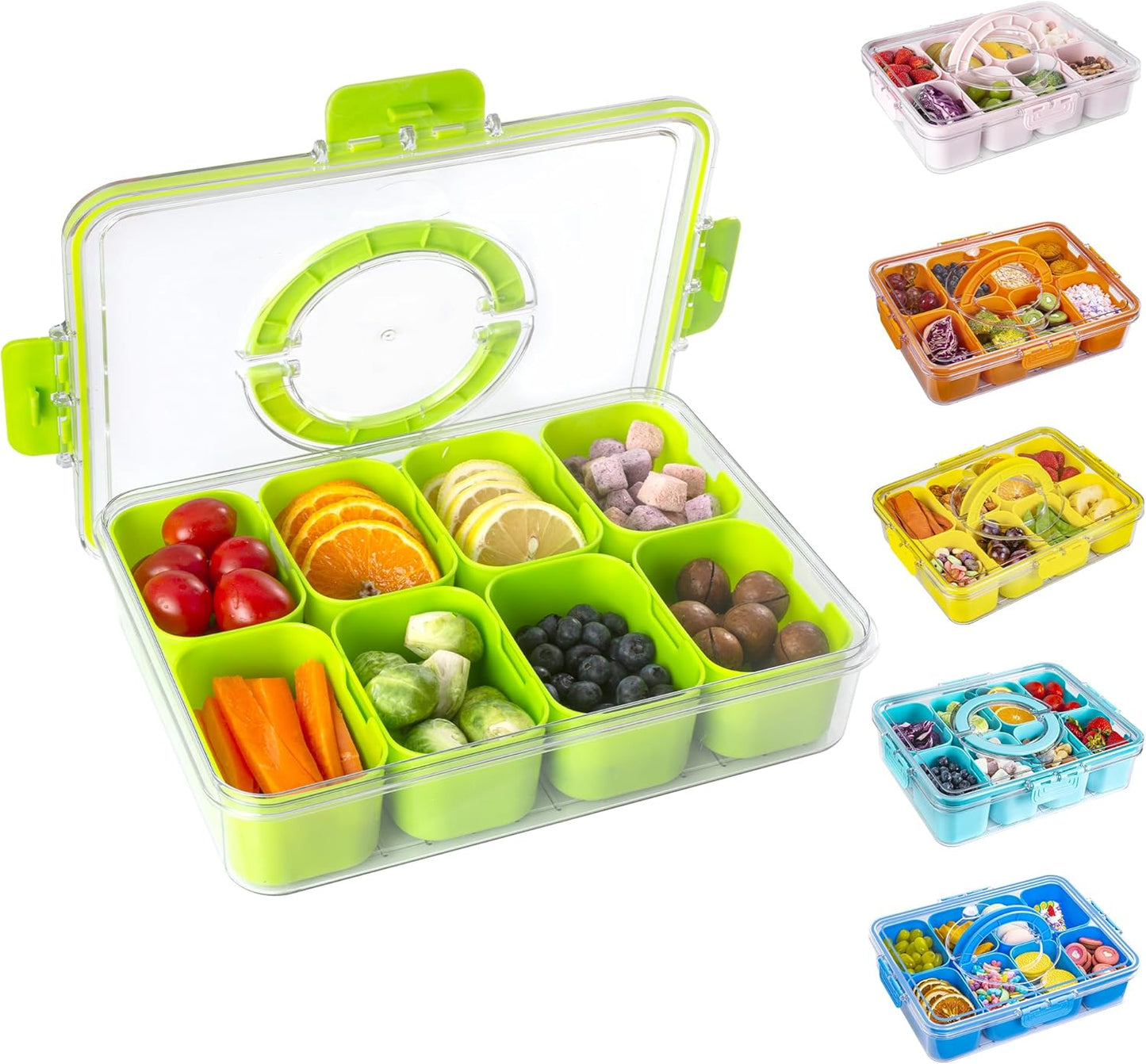WACOI Divided Snack Serving Tray with Lid and Handle travel Snackle Box Charcuterie Container Portable Storage Organizer for Candy, Fruits, Nuts, Snacks 1Pack White