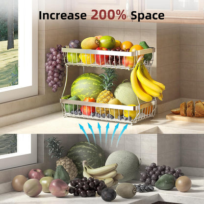 Sevenblue 2 Tier Large Fruit Basket for Kitchen Counter with 2 Mobile Banana Hangers, 2026 Pro Detachable Metal Fruit Bowl with Wooden Handle, Fruit Holder for Bread Snack Veggies with Protective Mats