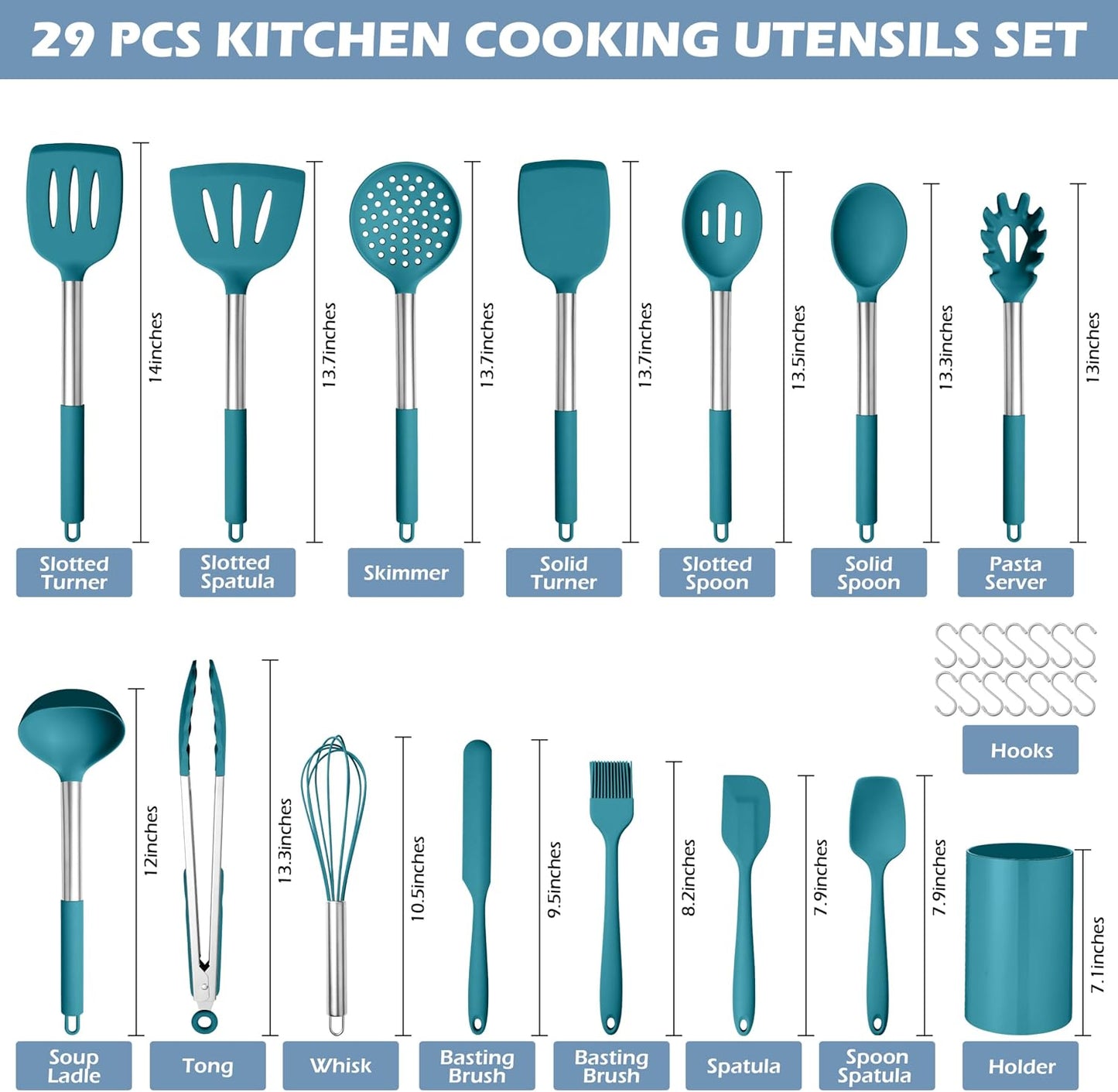 HaWare 29 PCS Silicone Cooking Utensils Set, Heat Resistant Kitchen Utensils Set with Stainless Steel Handle, Spatula Sets with Holder and Hooks, Kitchen Tools Gadgets for Nonstick Cookware -Khaki