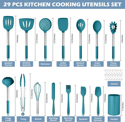 HaWare 29 PCS Silicone Cooking Utensils Set, Heat Resistant Kitchen Utensils Set with Stainless Steel Handle, Spatula Sets with Holder and Hooks, Kitchen Tools Gadgets for Nonstick Cookware -Khaki