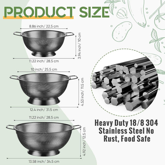 Bokon 3 Pcs Stainless Steel Colander Set Colander Bowl and Sieves 1/3/5 Quart Metal Mesh Strainer Net Basket with Handles Food Spaghetti Strainer for Kitchen Draining Pasta Rinsing(Gold)