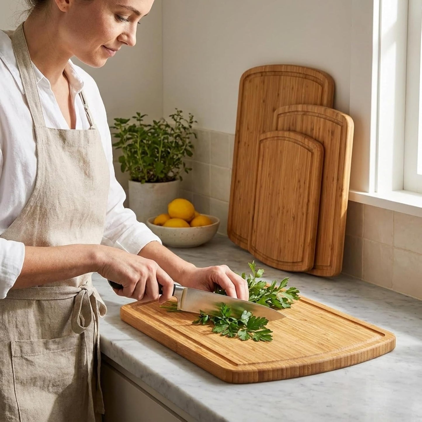 Bamboo Cutting Board Set of 4, Large Cutting Boards for Kitchen, Wood Cutting Board with Juice Groove Side Handles, Wooden Cutting Board for Kitchen, Meat Chopping Board Meal Prep, Serving Charcuterie