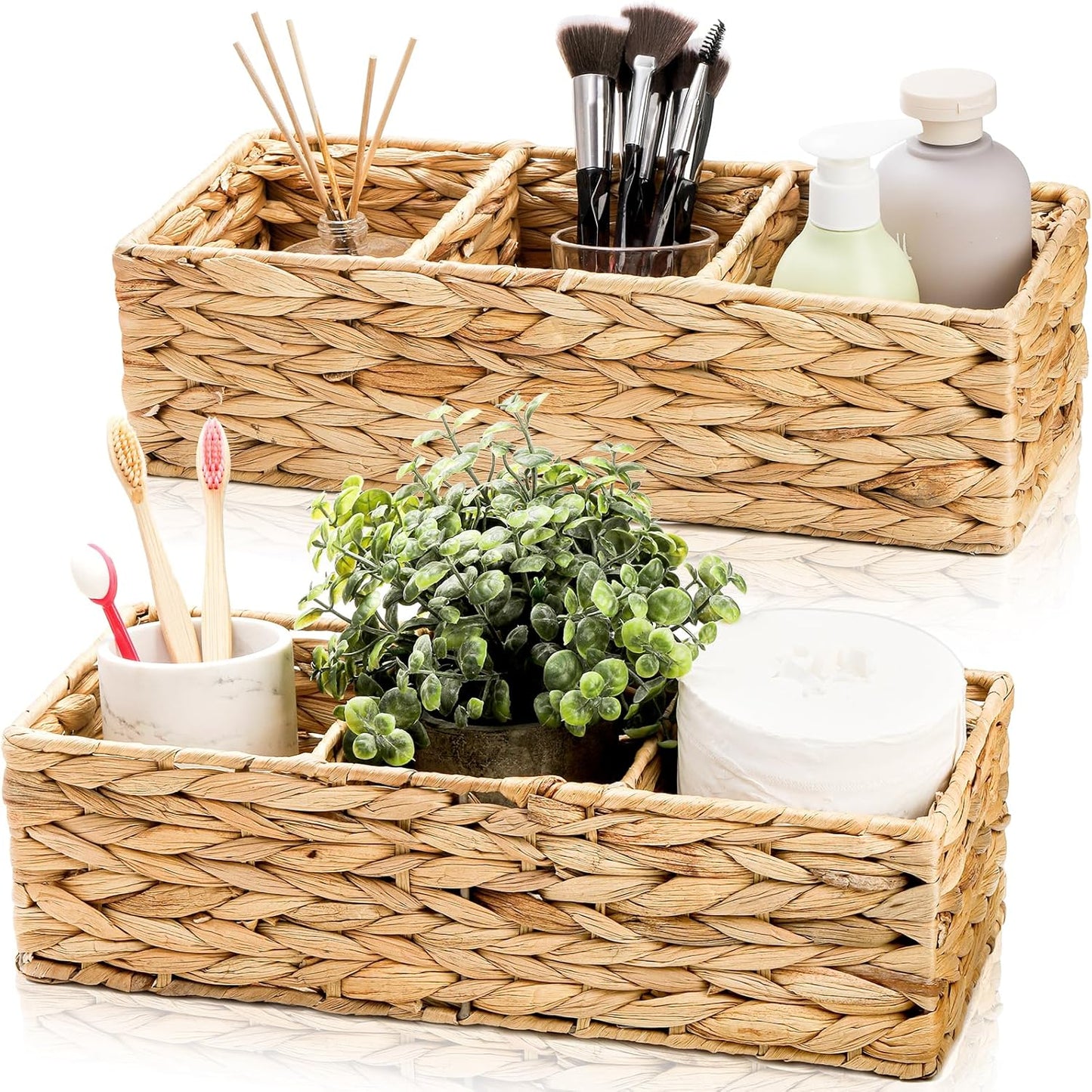 Pumtus 2 Pack 3-Section Woven Baskets, Water Hyacinth Storage Bin, Handwoven Desk Organizer, Toilet Paper Container, Rectangle Holder for Counter Top Toilet Tank Shelves Coffee Bar Pantry
