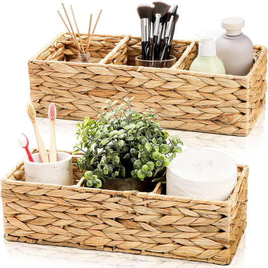 Pumtus 2 Pack 3-Section Woven Baskets, Water Hyacinth Storage Bin, Handwoven Desk Organizer, Toilet Paper Container, Rectangle Holder for Counter Top Toilet Tank Shelves Coffee Bar Pantry