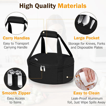 Round Insulated Casserole Carrier – 12" Portable Pie Carrier Bag for Hot or Cold Food, Leakproof Thermal Lunch Tote with Handle for Parties Picnic & Travel - Grey