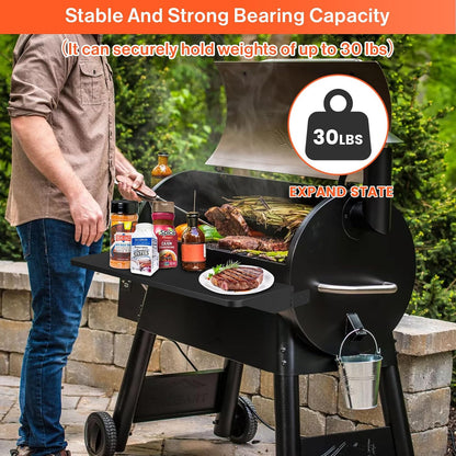 QuliMetal Folding Front Shelf for Traeger Pro 34, Texas Elite 34, Century 885 and Eastwood 34, 37" x 12" Heavy-Duty Grill Prep Table with Cutting Board, Stainless Steel Basin, Lid and 5 Hooks