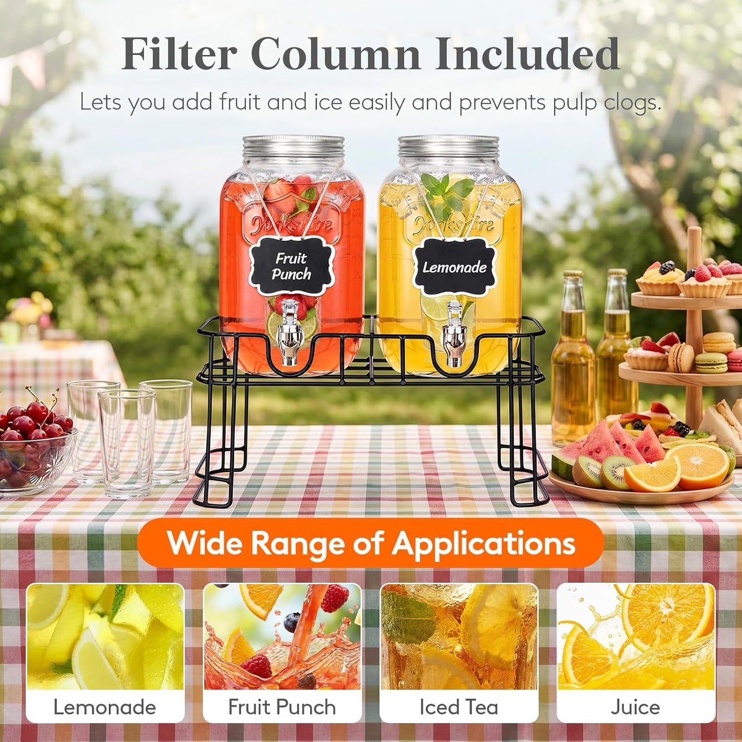 Lifewit 2 Gallon Glass Drink Dispenser for Parties, Beverage Container with Stand for Juice/Tea/Soda & Lemonade, Water Pitcher with Leakproof Spigot for Mimosa Bar, Birthday, Wedding Hosting, 2 Pcs