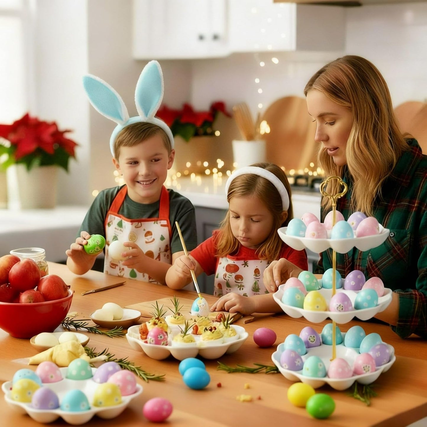 Potchen Multi Tier Ceramic Deviled Egg Platter Deviled Egg Tray Container, Detachable Eggs Holder Tower Wedding Party Food Container for Kitchen Countertop Microwave Dishwasher Freezer(Flower,3 Tier)