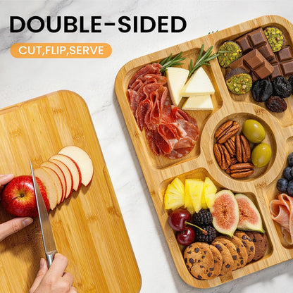 Charcuterie Board with Clear Lid, Portable 6-Compartment Cheese & Snack Tray, Reversible Bamboo Cutting Board, Secure Latch Closure for Picnics, Parties & Light Travel, Housewarming Gift