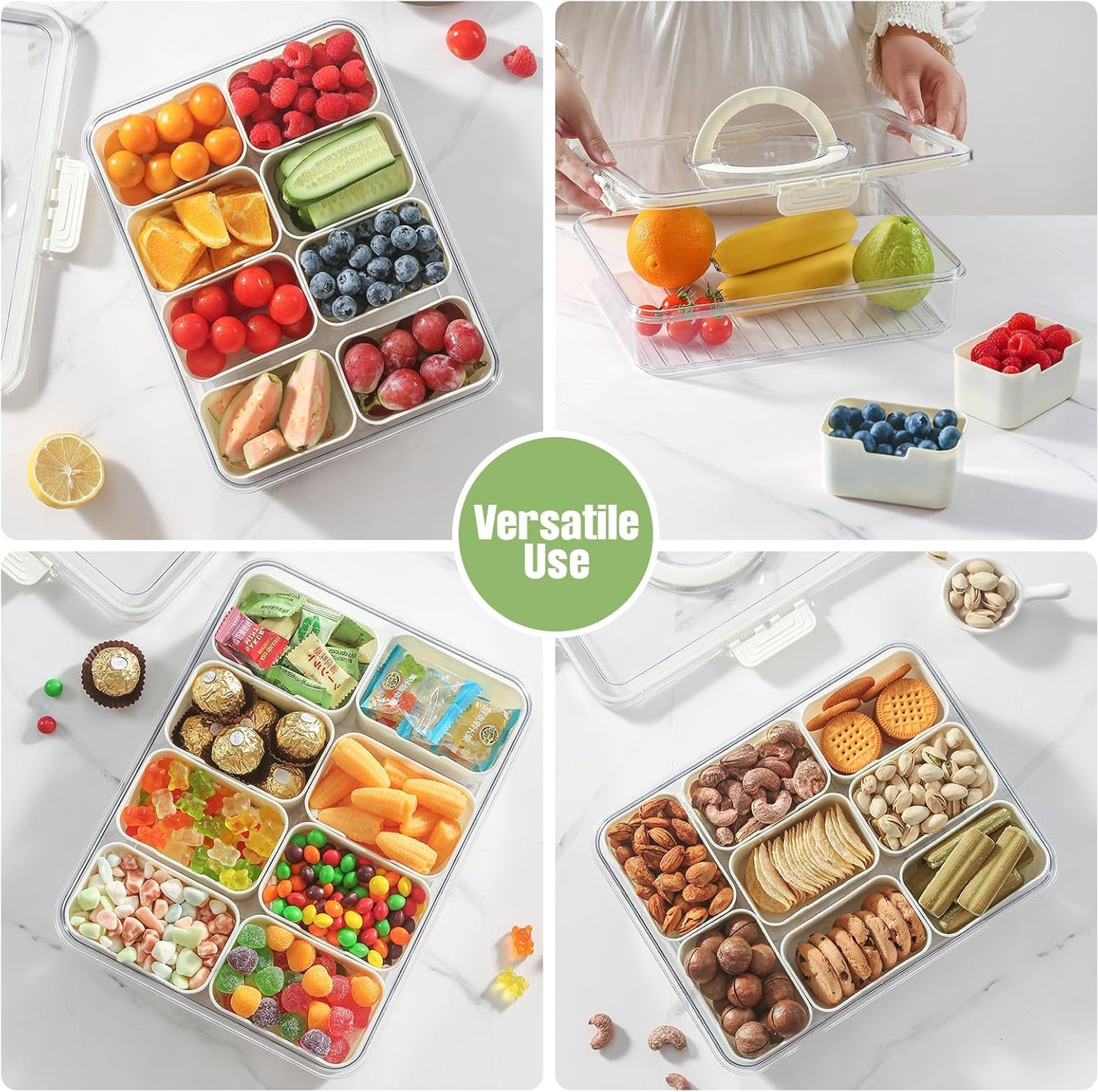 Snackle Box Container with Sealed Lid – Portable BPA-Free Snack Box with Foldable Handle, Divided Serving Tray for Fruit, Candy, Nuts & Veggies – Perfect for Travel, Picnic, Beach & Party 11.8" x 8.8"