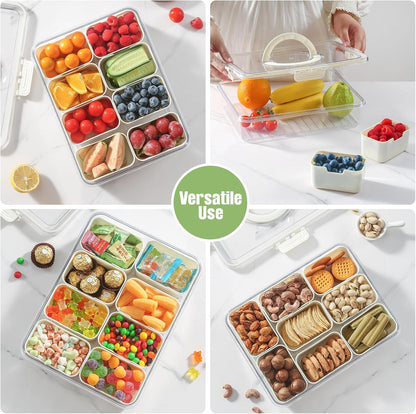 Snackle Box Container with Sealed Lid – Portable BPA-Free Snack Box with Foldable Handle, Divided Serving Tray for Fruit, Candy, Nuts & Veggies – Perfect for Travel, Picnic, Beach & Party 11.8" x 8.8"
