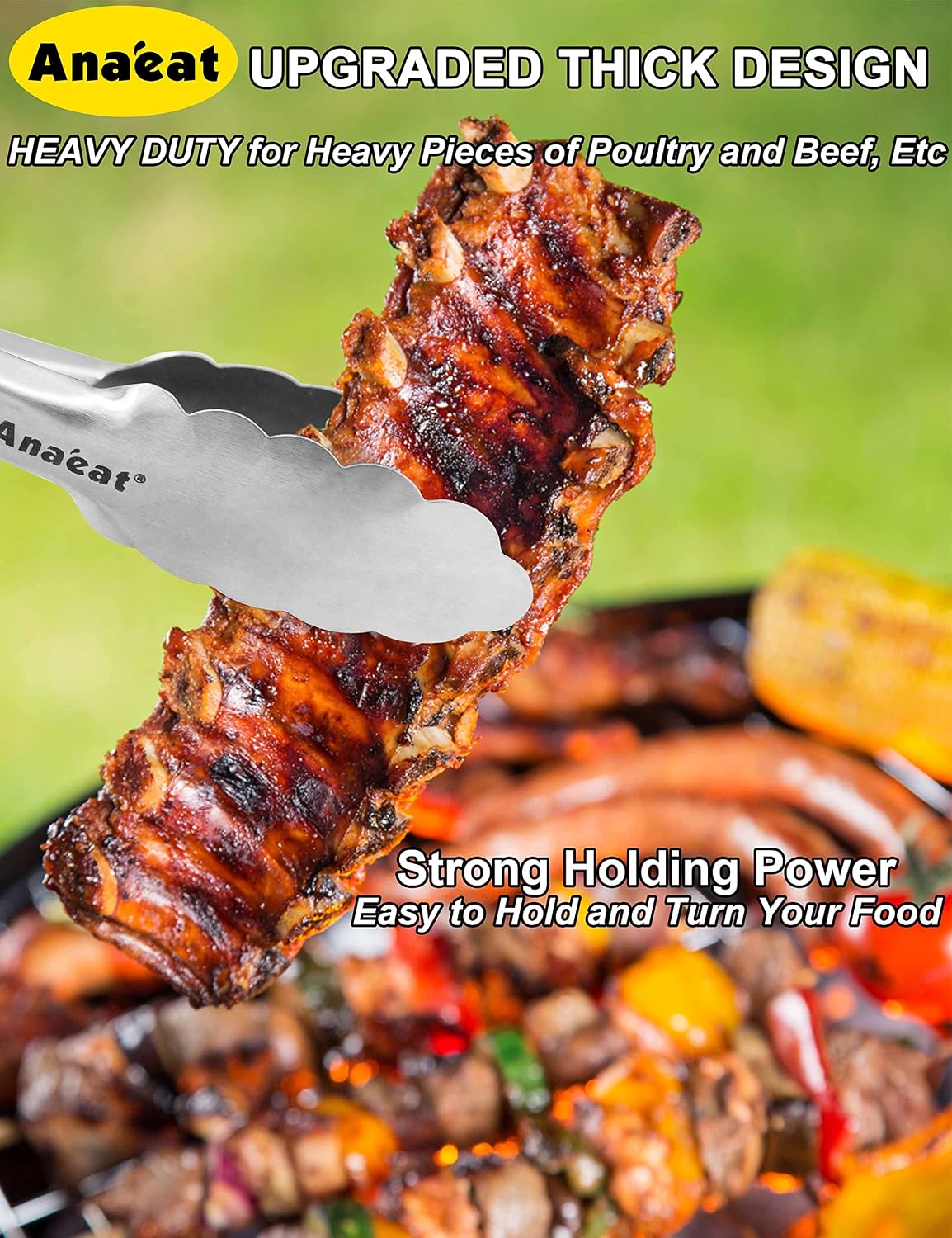Anaeat Premium Kitchen Locking Tong Set of 3 - Heavy Duty Stainless Steel Food Tongs with Long Handle & Non-Slip Silicone Grip for Cooking, Baking, Grilling - Heat Resistant up to 480°F