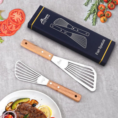 HOTEC 2pcs Stainless Steel Wooden Handle Fish Spatula, Metal Spatula Flipping Foods