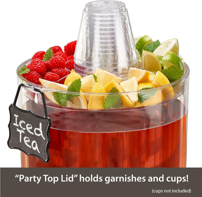 Buddeez Durable 2 Gallon Beverage Dispenser with Stand - Stackable Drink Server for Parties - Includes Party Top Lid and Chalk board Tag