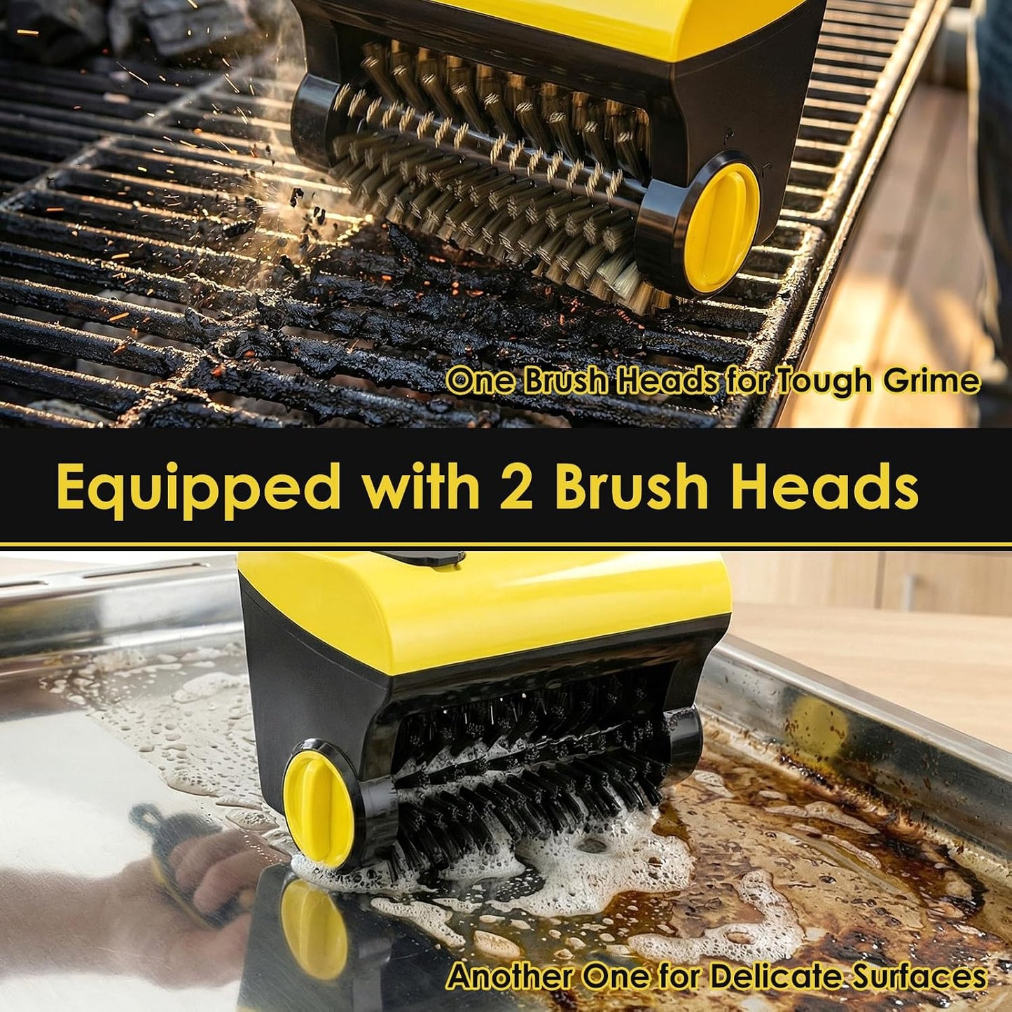 LINGSFIRE BBQ Grill Brush for Outdoor Grill, Electric Grill Cleaner with Water Tank Cordless Rechargeable BBQ Tool Spin Grill Cleaner Brush with 2 Removable Brush Head BBQ Grill Brush