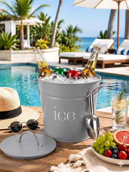 3Qt Black Galvanized Ice Bucket with Lid, Scoop & Handles - Ideal for Cocktails, Parties, BBQs, Wine & Champagne. Double-Layer Insulated Outer & Galvanized Inner Layer, Perfect for Home & Outdoor Use