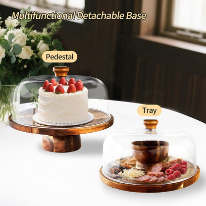 Acacia-Wood-Cake-Stand With Acrylic Lid, Rectangular Cake Plates Charcuterie Board With Cover, 2-in-1 Cake Holder With Dome，Dessert Table Display Stand For Cheese, Chips & Dips, Nachos, Fruit Platter