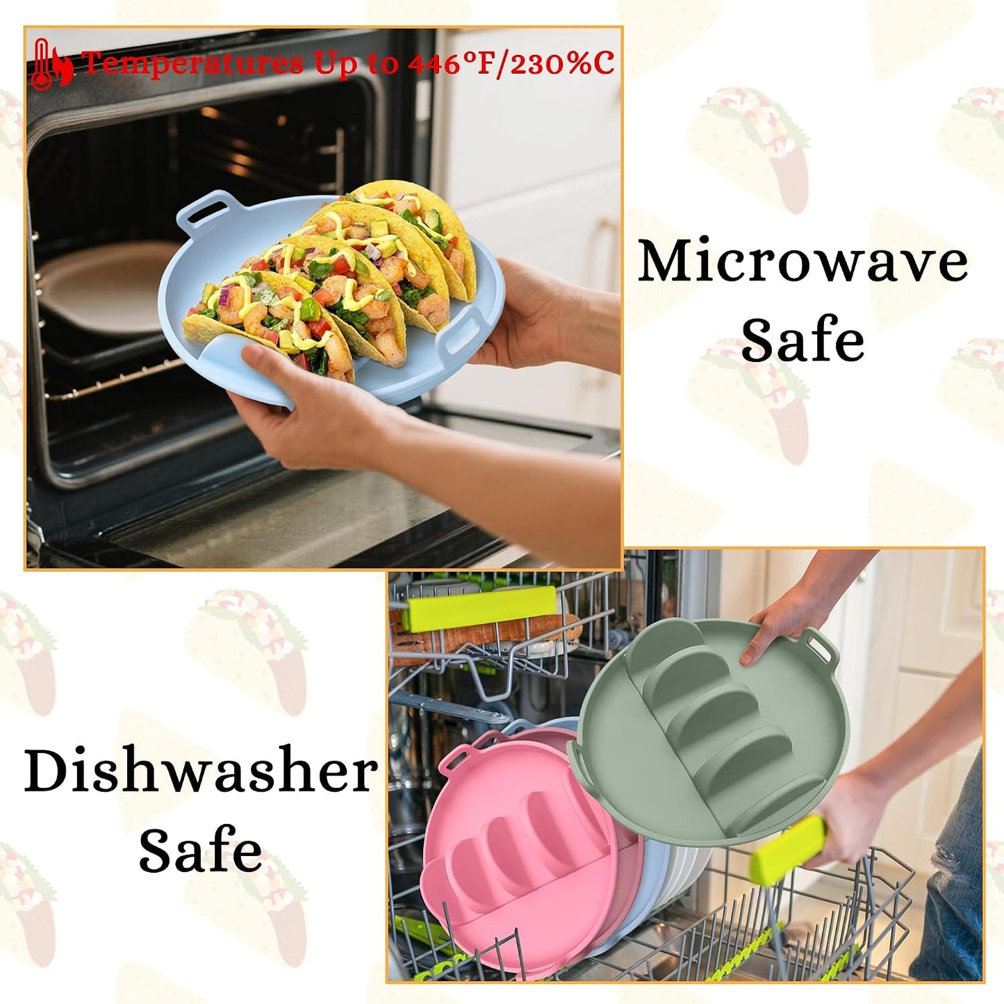 Silicone Taco Holders Plates - 3PCS Reusable Tacos Serving Tray Set with 4 Dividers, Dishwasher & Microwave Safe Shell Mold Tortilla Stand for Home Kitchen Fiesta Party Supplies (Green, Blue)