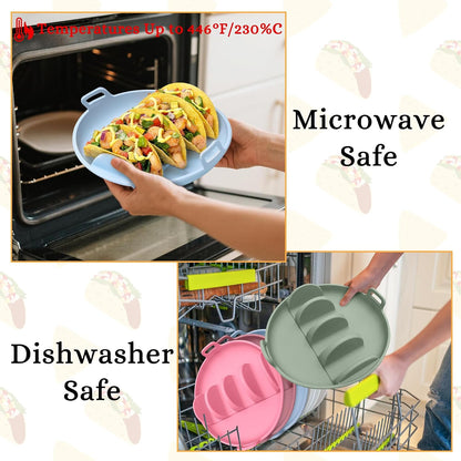 Silicone Taco Holders Plates - 3PCS Reusable Tacos Serving Tray Set with 4 Dividers, Dishwasher & Microwave Safe Shell Mold Tortilla Stand for Home Kitchen Fiesta Party Supplies (Green, Blue)