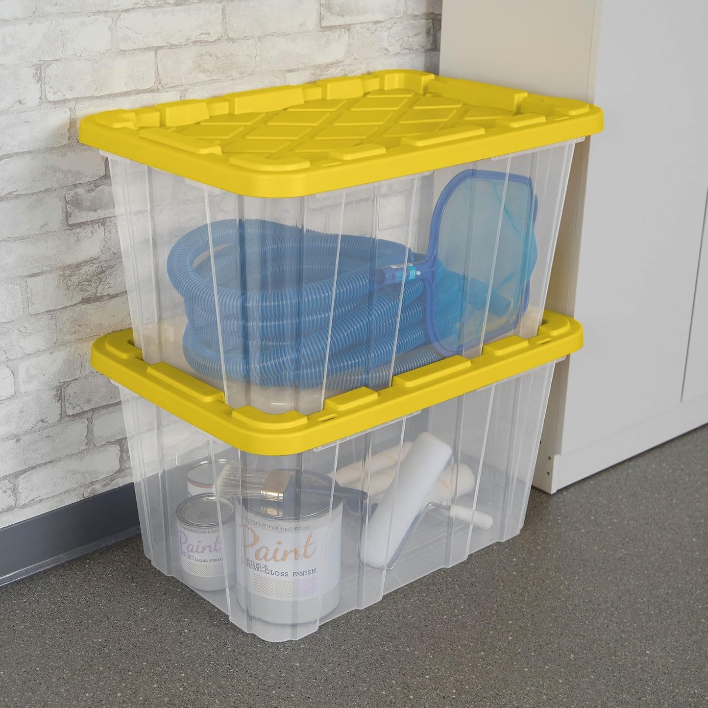 Sterilite 4-Pack 27 Gallon Industrial Storage Tote, Heavy-Duty Plastic Bins, Black/Yellow - Stackable Utility Organizers with Lids for Garage, Camping Tools, and Outdoor Gear