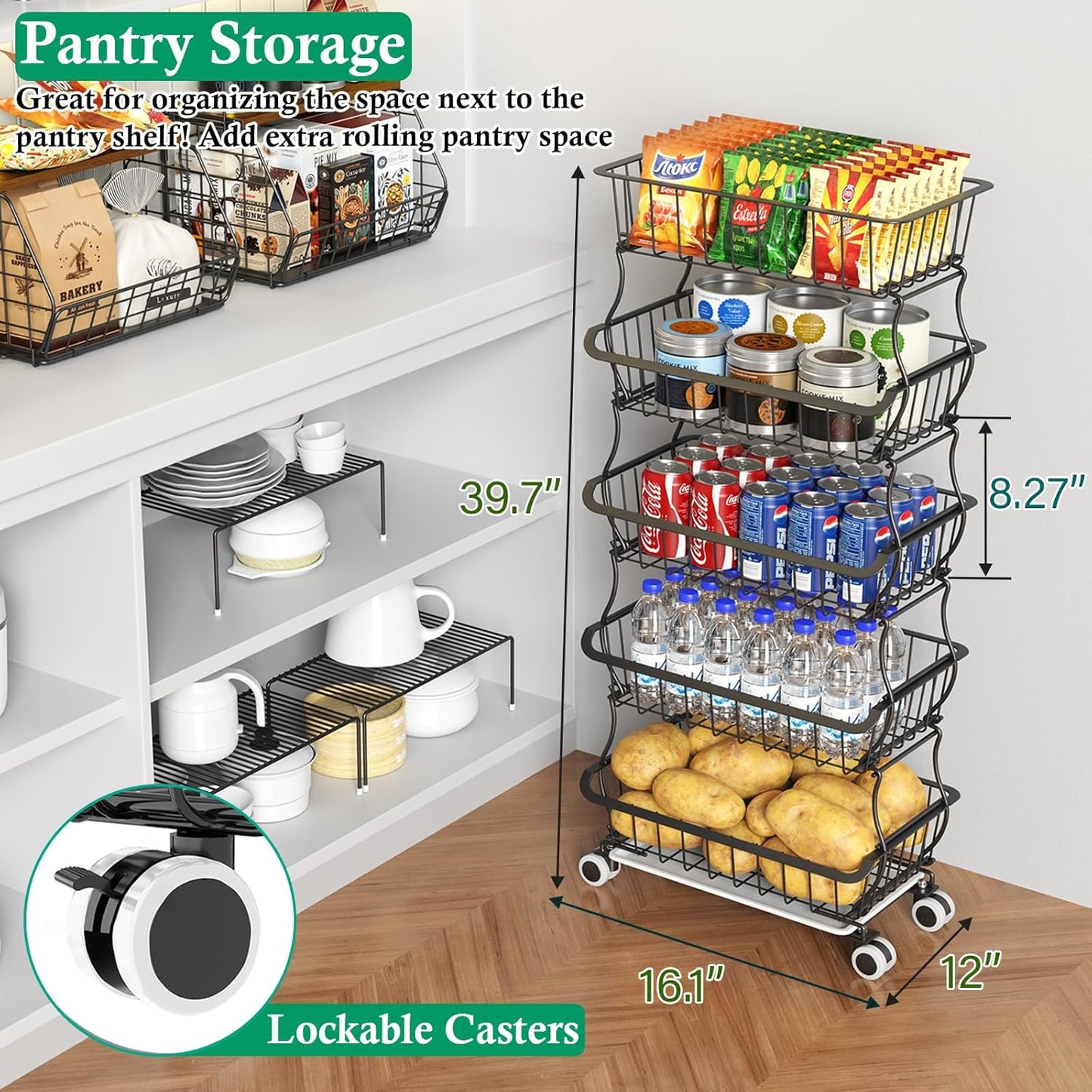 OKZEST 3-Tier Rolling Pantry Floor Organizer and Storage Cart with Wheels, Stackable Wire Pantry Baskets for Pantry Shelves, Kitchen Storage Rack and Fruit Basket Stand for Fruit Snack Onion Potato