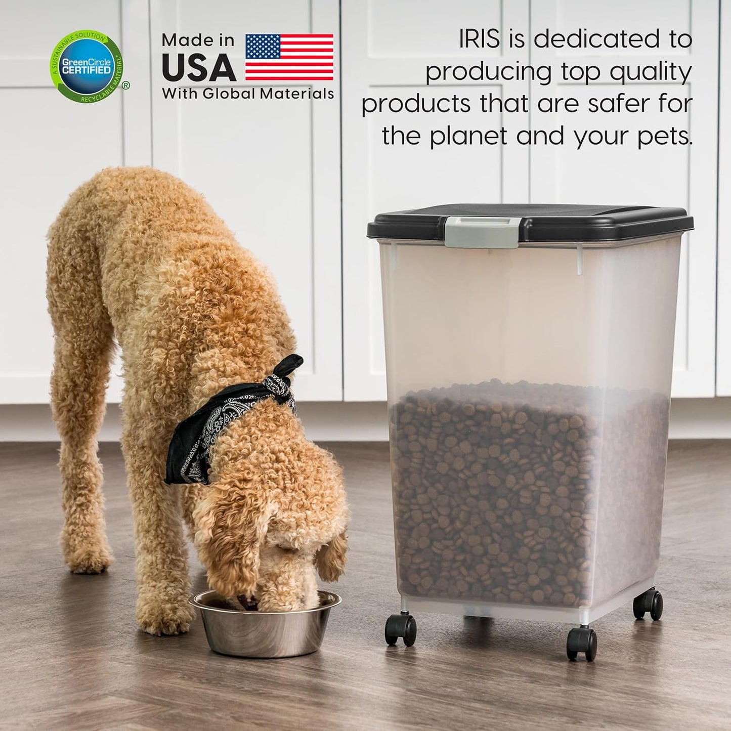 IRIS USA Dog Food Storage Container, 2 Pack, Up to 30 lbs Each, Airtight Seal for Freshness, Wheels for Rolling, Easy One Hand Opening, Made in USA, BPA Free, Clear/Black