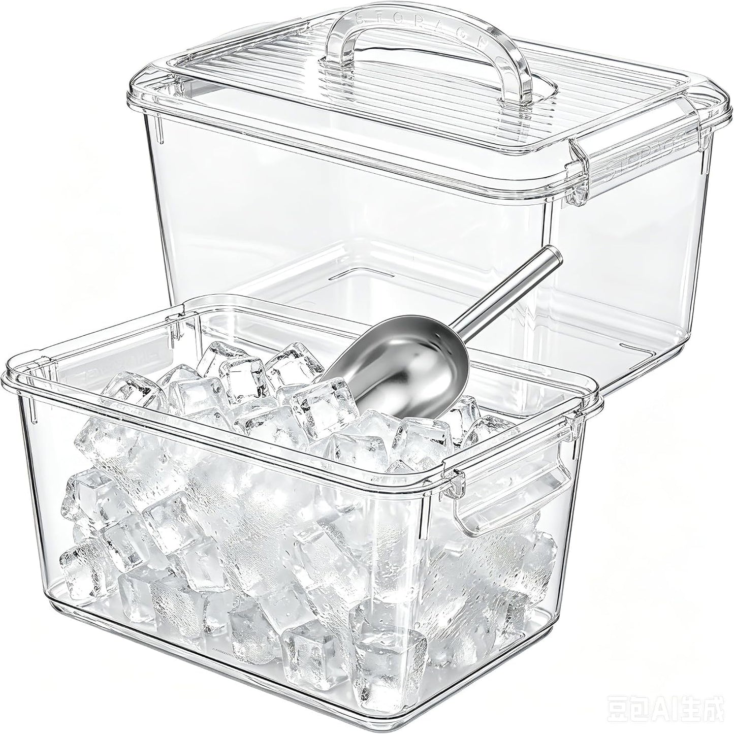 4 Pcs Portable Ice Bin and Metal Scoop Set,Ice Storage Bin for Freezer with Lid Ice Bucket for Cocktail Freezer Bar Party Barbeque Camping