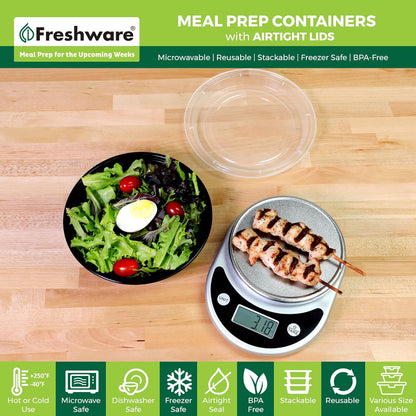 Freshware Meal Prep Containers [15 Pack] 2 Compartment with Lids, Food Storage Containers, Bento Box, BPA Free, Stackable, Microwave/Dishwasher/Freezer Safe (28 oz), Black