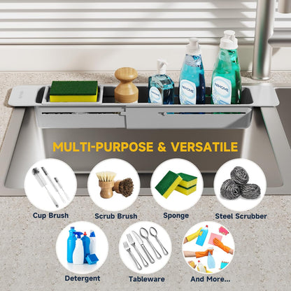 NiHome Extendable Over Sink Kitchen Organizer, Small Telescopic Brush Storage Rack for Sponge, Non-Slip Pads Expandable Sink Caddy, Adjustable Sponge/Brush Rack with Drainage Durable ABS (Dark Gray)