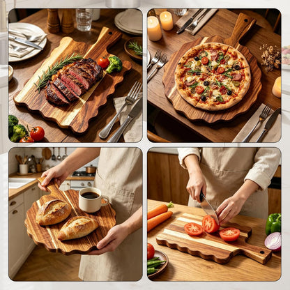 2Pcs Acacia Wood Scalloped Cutting Board with Handle Wooden Chopping Board Decorative Cutting Boards for Kitchen Decor Charcuterie Boards Serving Tray for Cheese Bread Pizza Fruit Meat