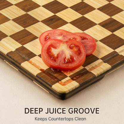 THETCHRY Bamboo Cutting Board Set, Checkered Wood Cutting Boards for Kitchen with Juice Groove, Non Toxic Wooden Charcuterie Boards, Non Slip Chopping Board for Meat Fruit Cheese, Housewarming Gift