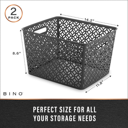 BINO l Plastic Storage Baskets, Large - Grey l THE BLOSSOM COLLECTION l Multi-Use Organizer Bin l Built-in Handles l Plastic Woven Basket for Organizing l Pantry & Home Organizing Basket
