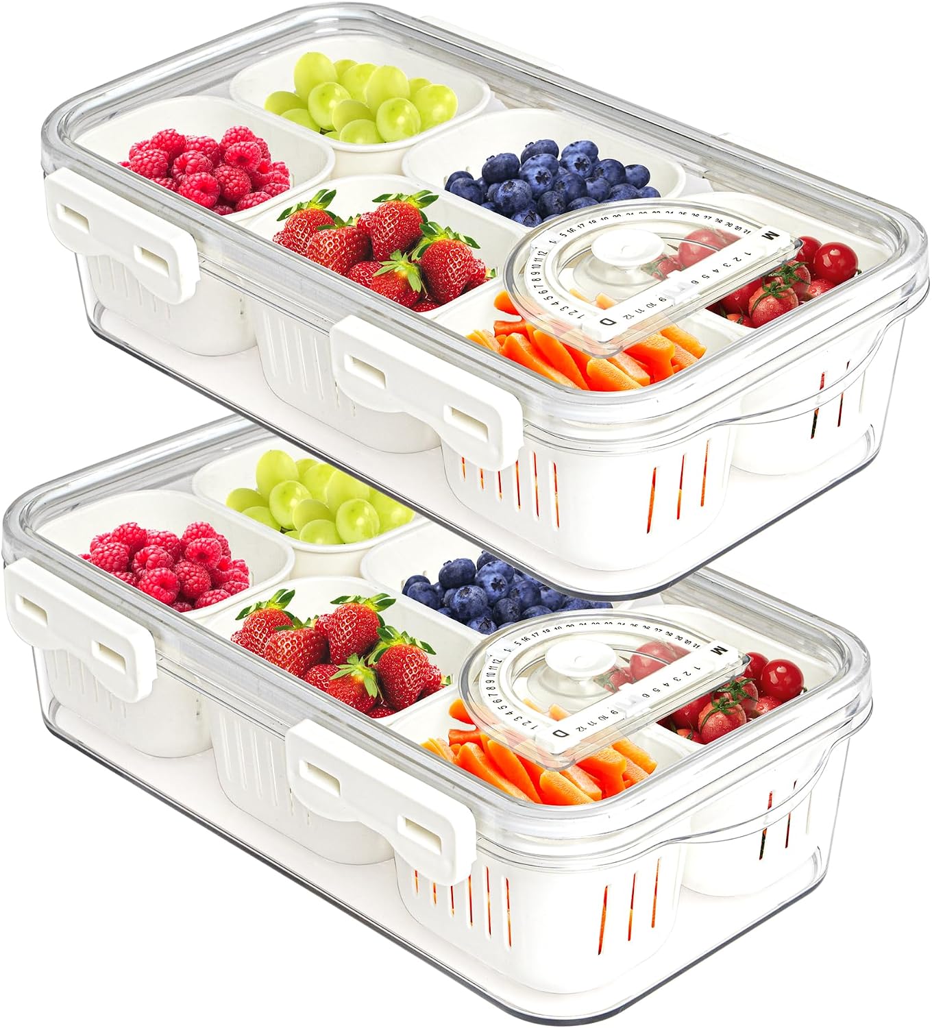 Divided Serving Tray with Lid for Veggie Charcuterie Container Portion Control Salad Keeper with 4 Removable Boxes Stackable Refrigerator Organizer Bins Food Storage Organizer Produce Saver