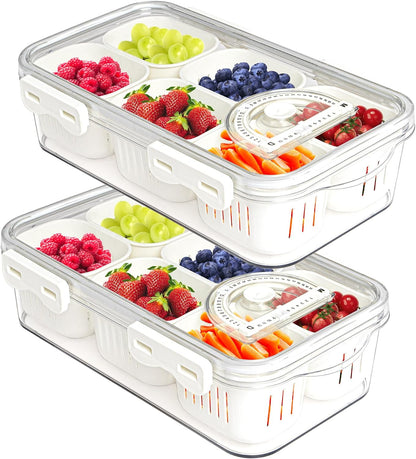 Divided Serving Tray with Lid for Veggie Charcuterie Container Portion Control Salad Keeper with 4 Removable Boxes Stackable Refrigerator Organizer Bins Food Storage Organizer Produce Saver