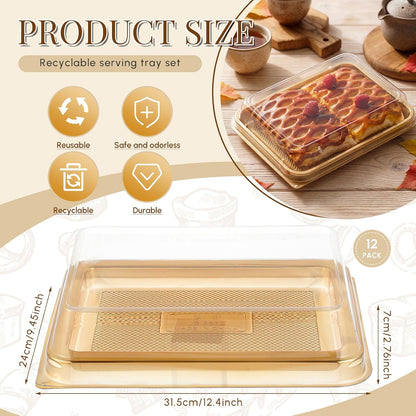Tessco 12 Pcs Plastic Serving Trays with Lids Disposable Catering Trays 12.4 x 9.45 x 2.76 Inch Reusable Plastic Party Platters Charcuterie Board Box with Lids for Cookie Sandwich Christmas(Black)