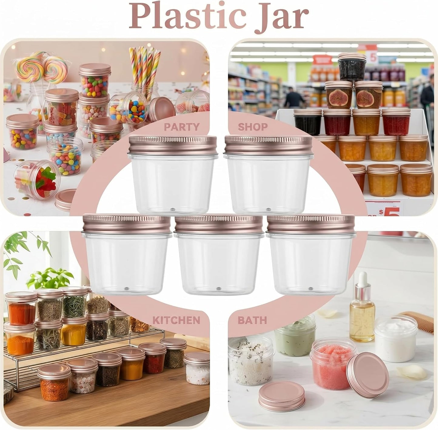 novelinks 4 oz Small Plastic Jars with Lids, 40 Pack Mini Plastic Mason Jars with Lids 4oz, Craft Storage Containers & Canning Jars & Small Spice Jars for Kitchen Organization (40 Pack,Black)