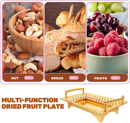 COLLBATH Nordic Style Fruit Plate with Handle 2Pc Metal Snack Serving Tray for Dried Fruits and Appetizers Elegant Gold Platter for Kitchen and Entertaining