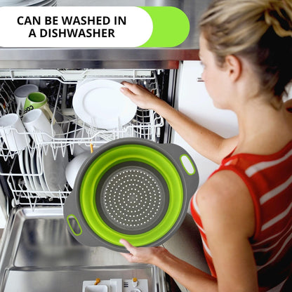 3PCS Green Foldable Kitchen Strainer Set – Silicone Colander Collapsible Strainers and Colanders Green Collander for Kitchen Collapsible Compact Drain Tools for Cooking Prep