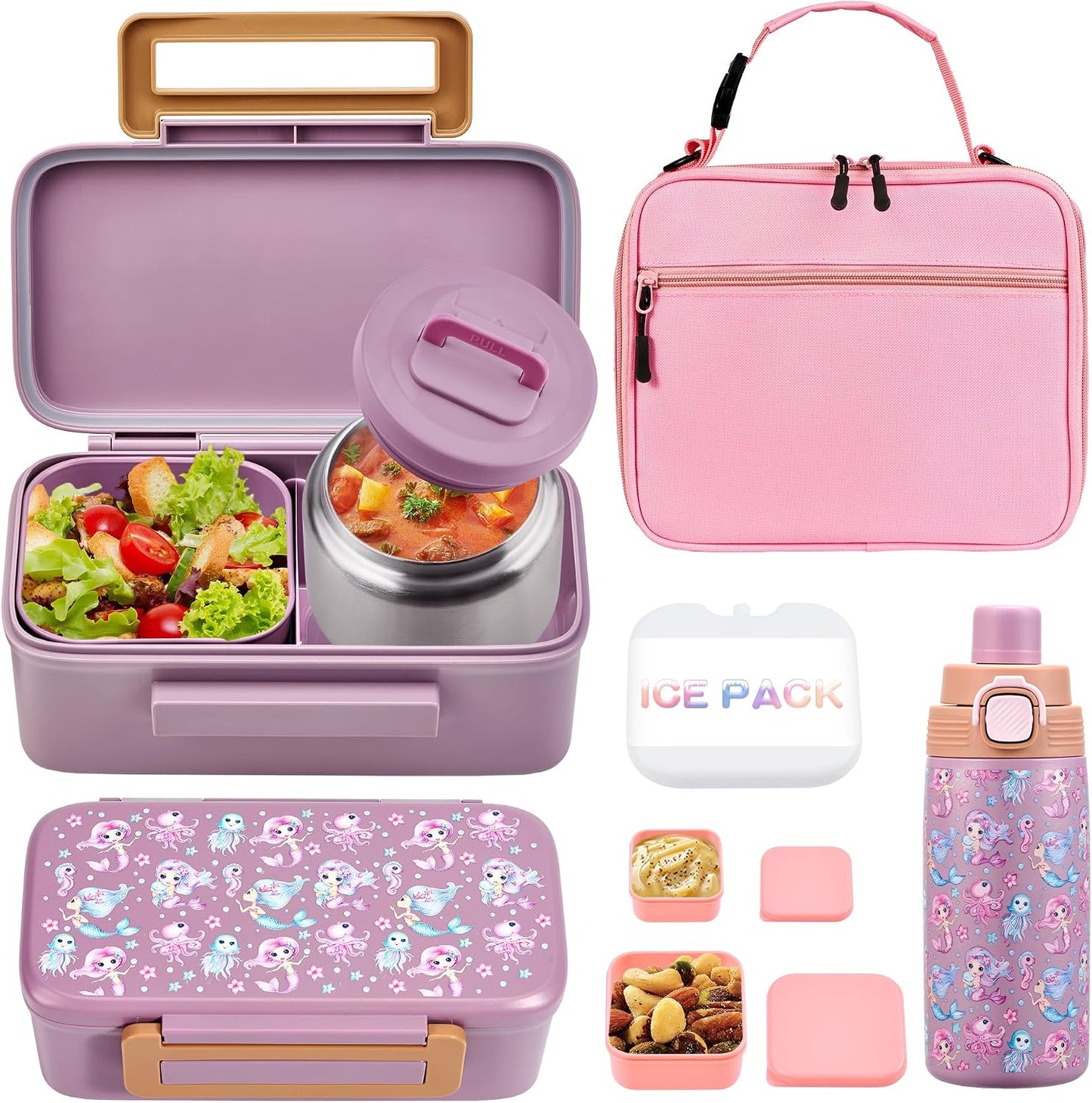 MAISON HUIS Bento Box for Kids with 8oz Soup Thermo, Insulated Lunch Bag & 17oz Water Bottle, 2-Compartment Bento Box with Built-In Ice Pack, Leak-Proof & BPA-Free