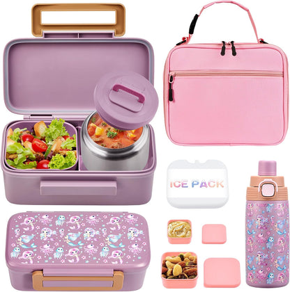 MAISON HUIS Bento Box for Kids with 8oz Soup Thermo, Insulated Lunch Bag & 17oz Water Bottle, 2-Compartment Bento Box with Built-In Ice Pack, Leak-Proof & BPA-Free