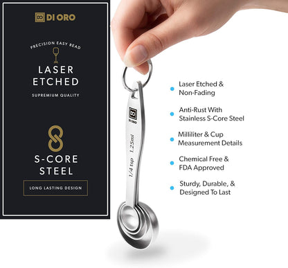 DI ORO Stainless Steel Measuring Cups & Spoons Set - 8-Piece Kitchen Set for Cooking & Baking - Food Grade Metal, Liquid Measuring, Dishwasher Safe