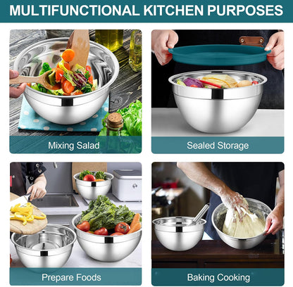 LIANYU Stainless Steel Mixing Bowls Sets of 6, Large 7, 3.5, 2.5, 2, 1.5, 1QT Size with Transparent Airtight Lids, Metal Nesting Serving Bowl Sets for Home Kitchen, Dishwasher & Freezer Safe, Black