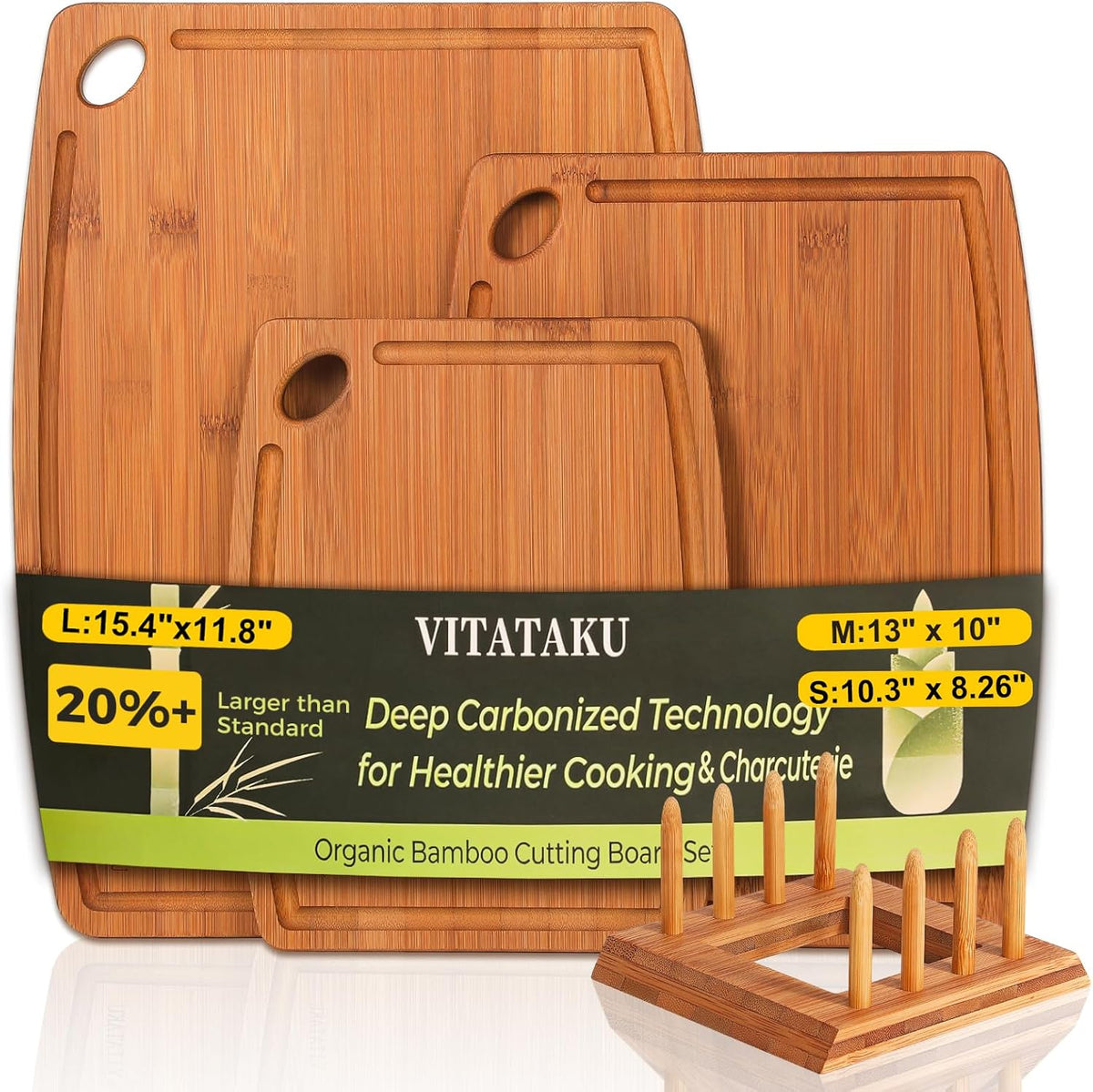3 Piece Bamboo Cutting Board Set for Kitchen with Storage Stand, 15.4" Deep Carbonized Wood Cutting Board for Charcuterie, Serving Tray with Juice Grooves & Handles, Great Kitchen Gift